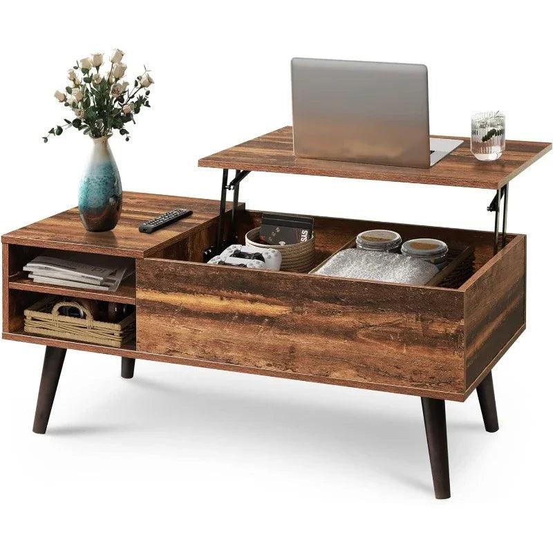 Lift-top coffee table with adjustable storage shelf for living room
