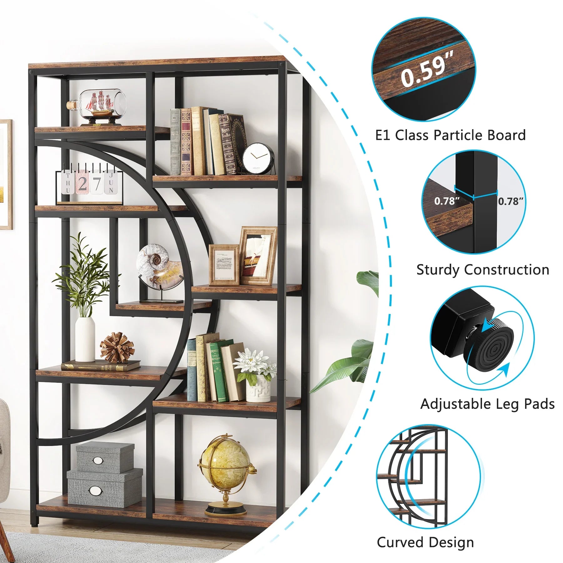"Antique wood and metal display shelf with half-moon silhouette"