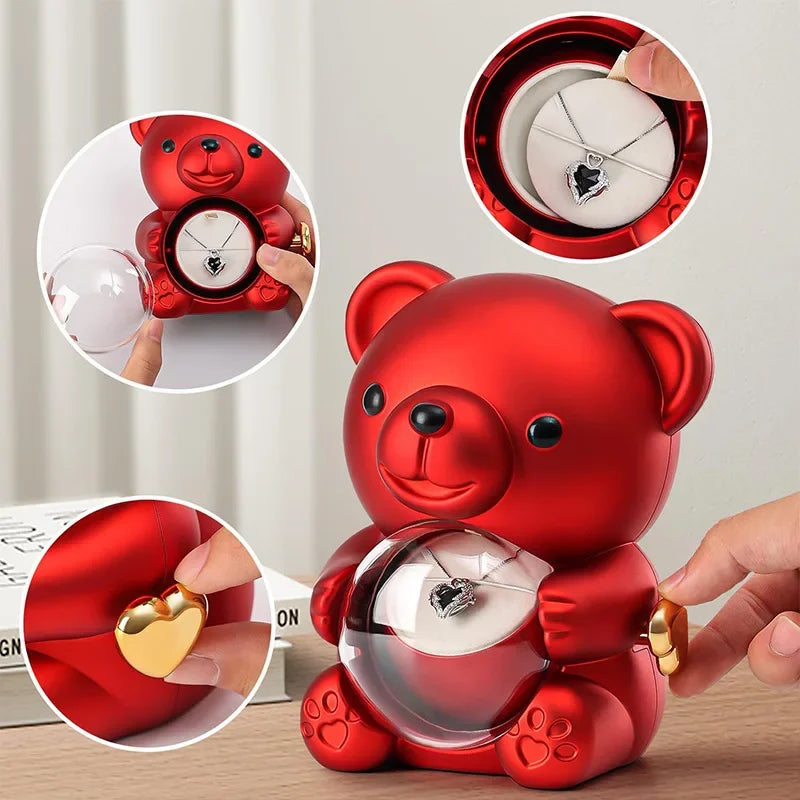 Rotating hugging bear rose jewelry box, closed