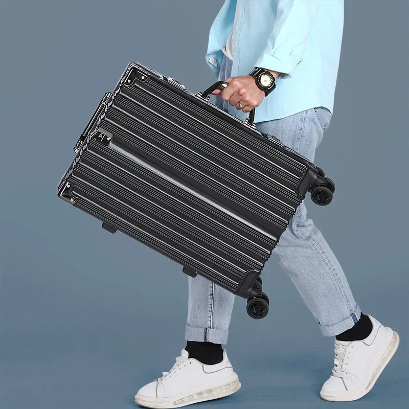 Travel-ready unisex black 20-inch luggage with aluminum frame and TSA lock.