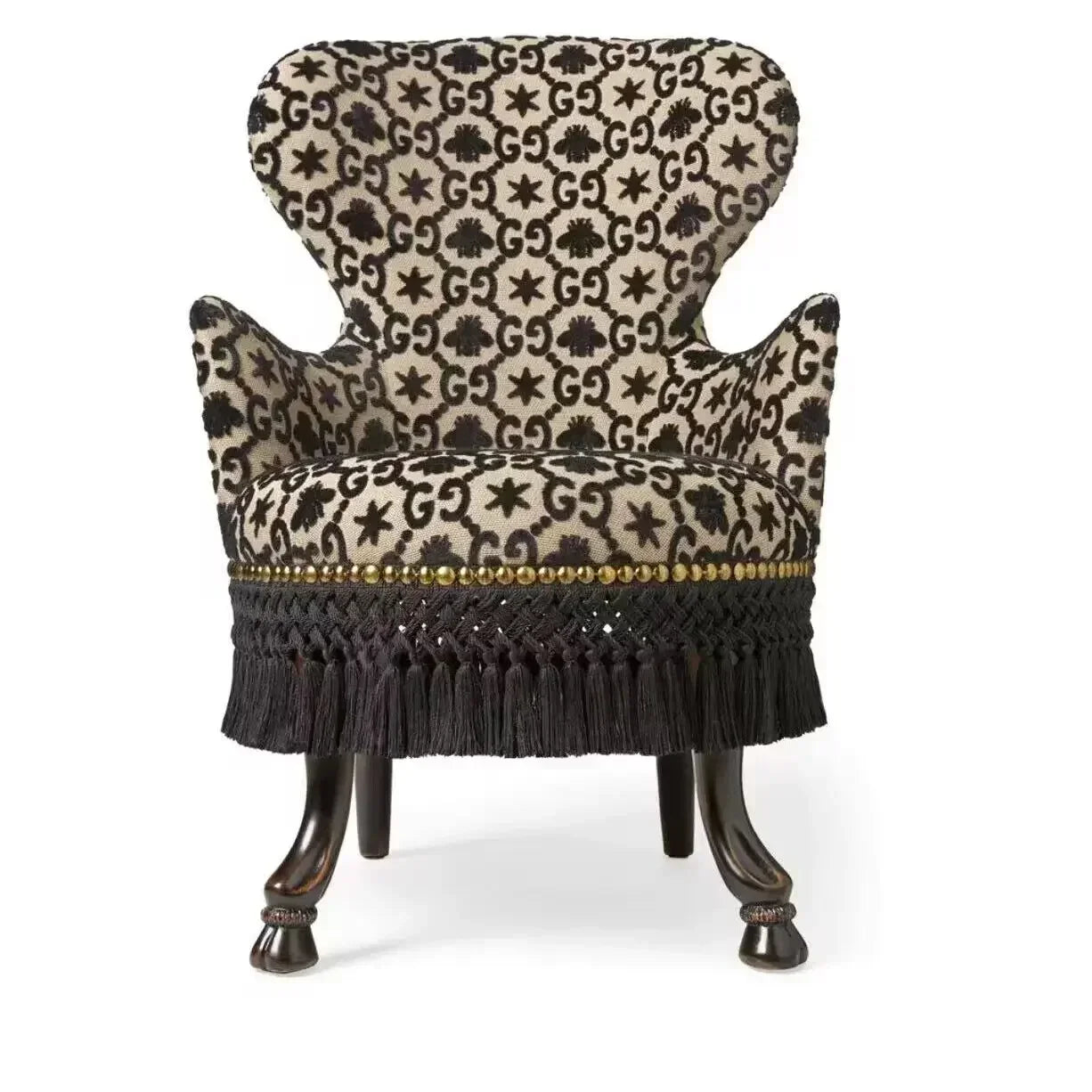 Decorative chair with patterned fabric and wooden legs on a white background