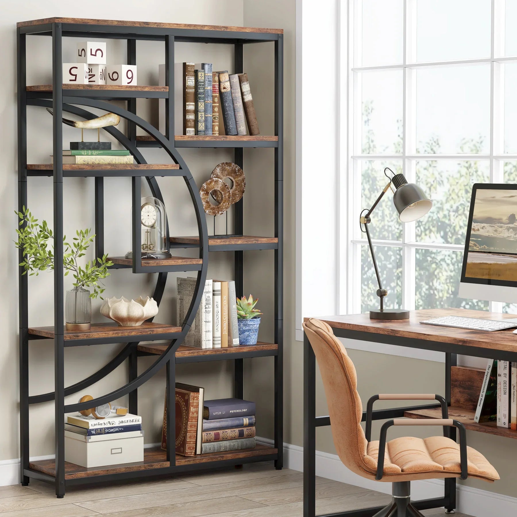 "Rustic industrial bookcase with ample storage and decorative display"