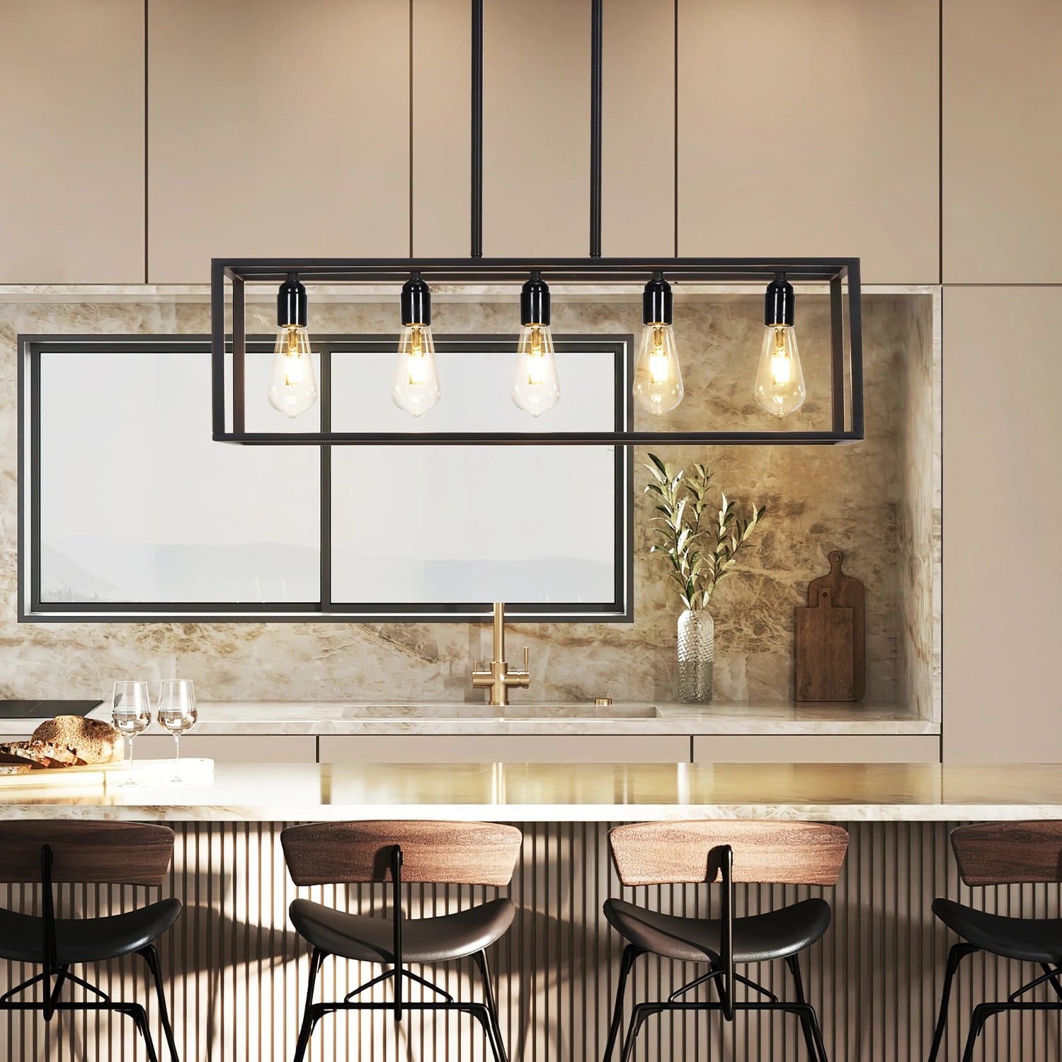 Modern kitchen with a linear pendant light fixture above a countertop.
