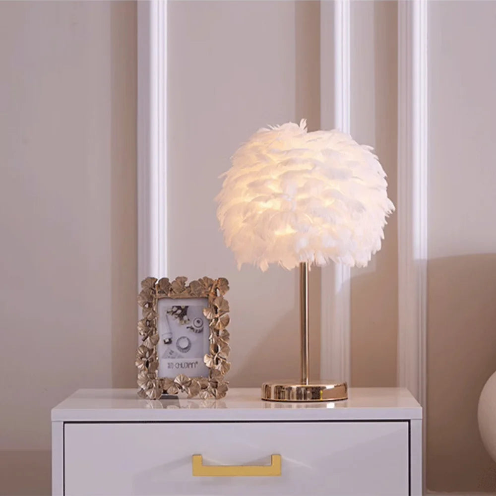 White feathered lamp on a white nightstand with a decorative frame.