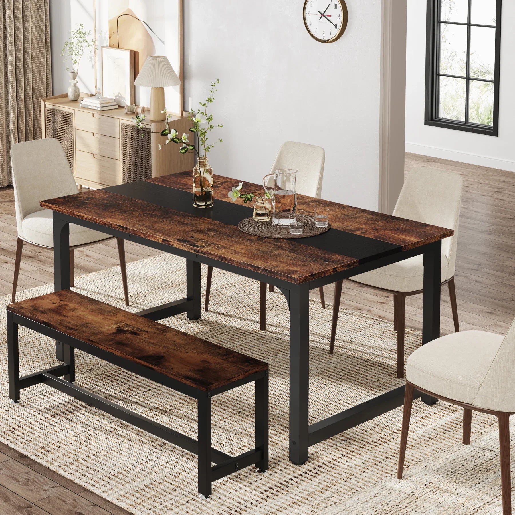 Multipurpose wooden desk with spacious surface and metal legs.