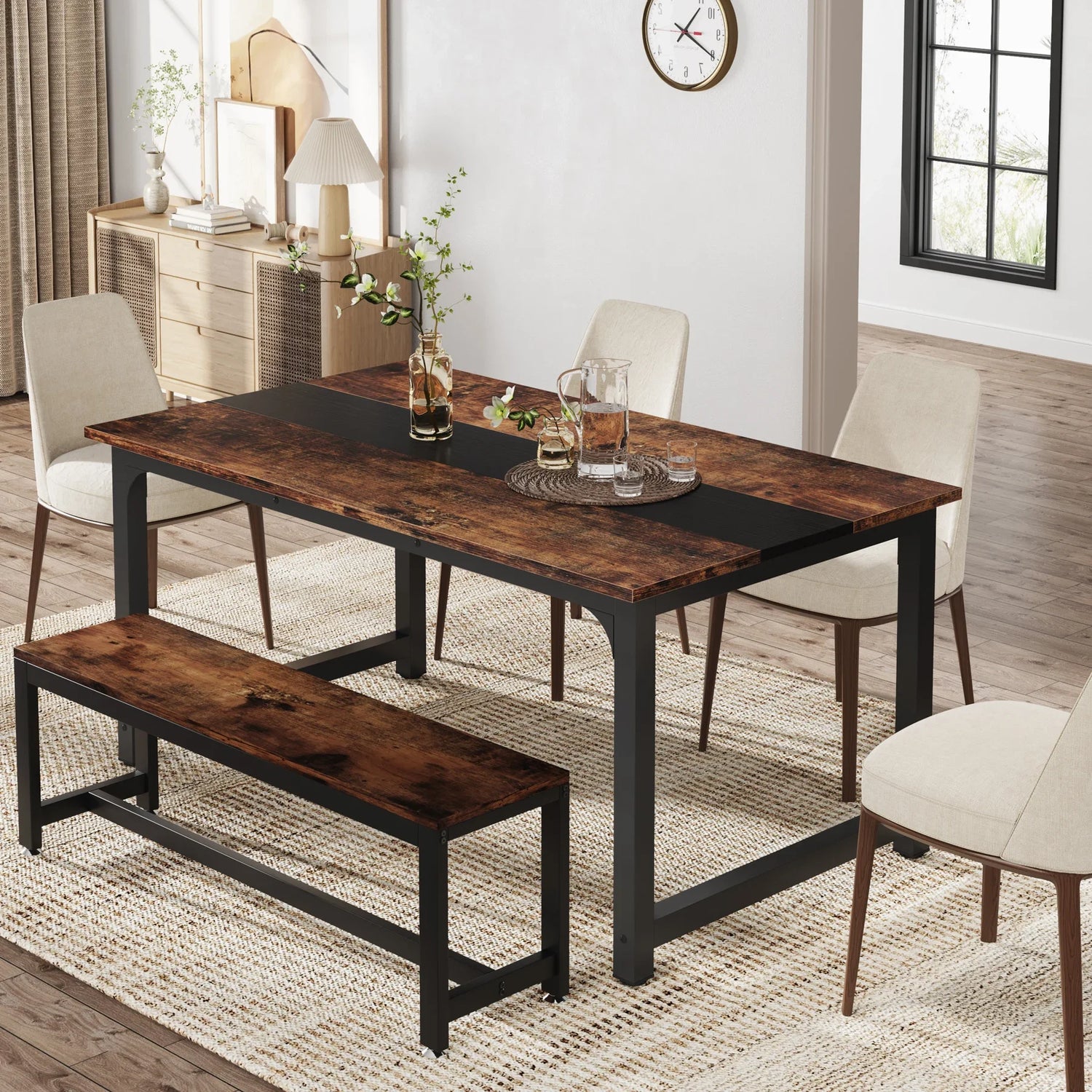 Multipurpose wooden desk with spacious surface and metal legs.