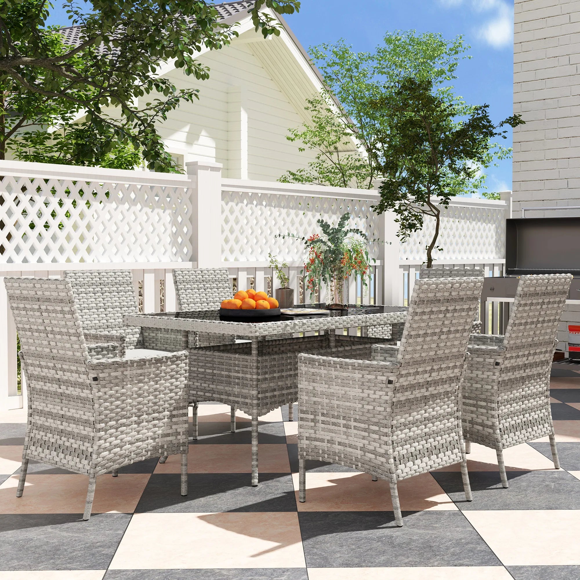 Outsunny 6 Seater Rattan Garden Furniture Set with Cushions, Mixed-Grey