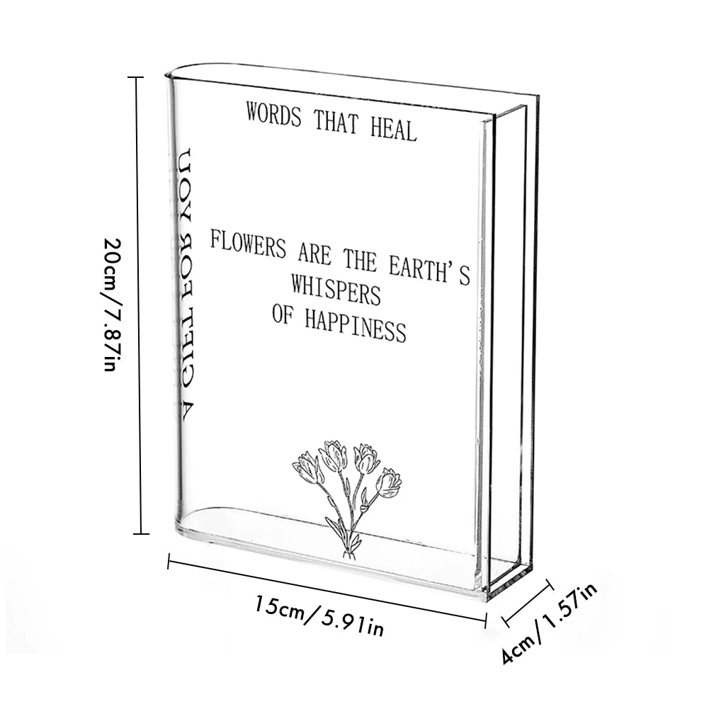 Clear acrylic block with text and floral design, showing dimensions on a white background