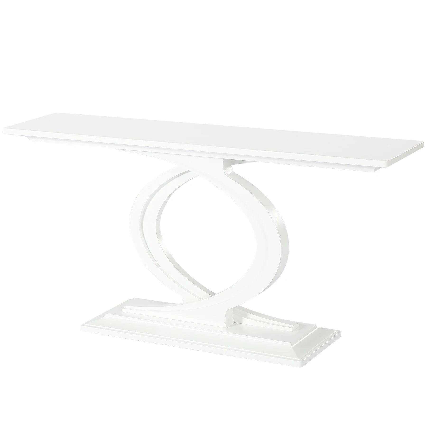 Long, narrow console table with rustic white finish, ideal for organizing and displaying decor