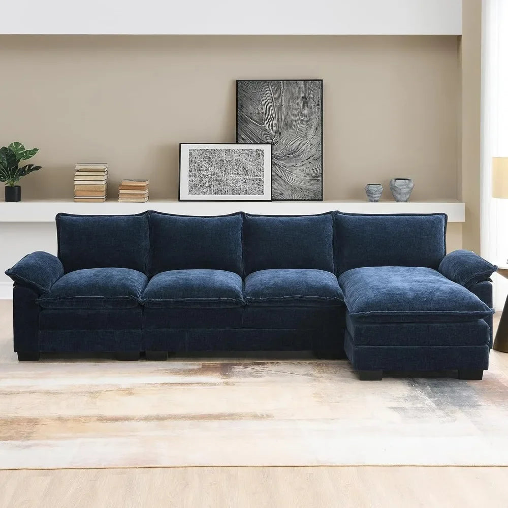 "Convertible sectional sofa with modern chenille fabric."