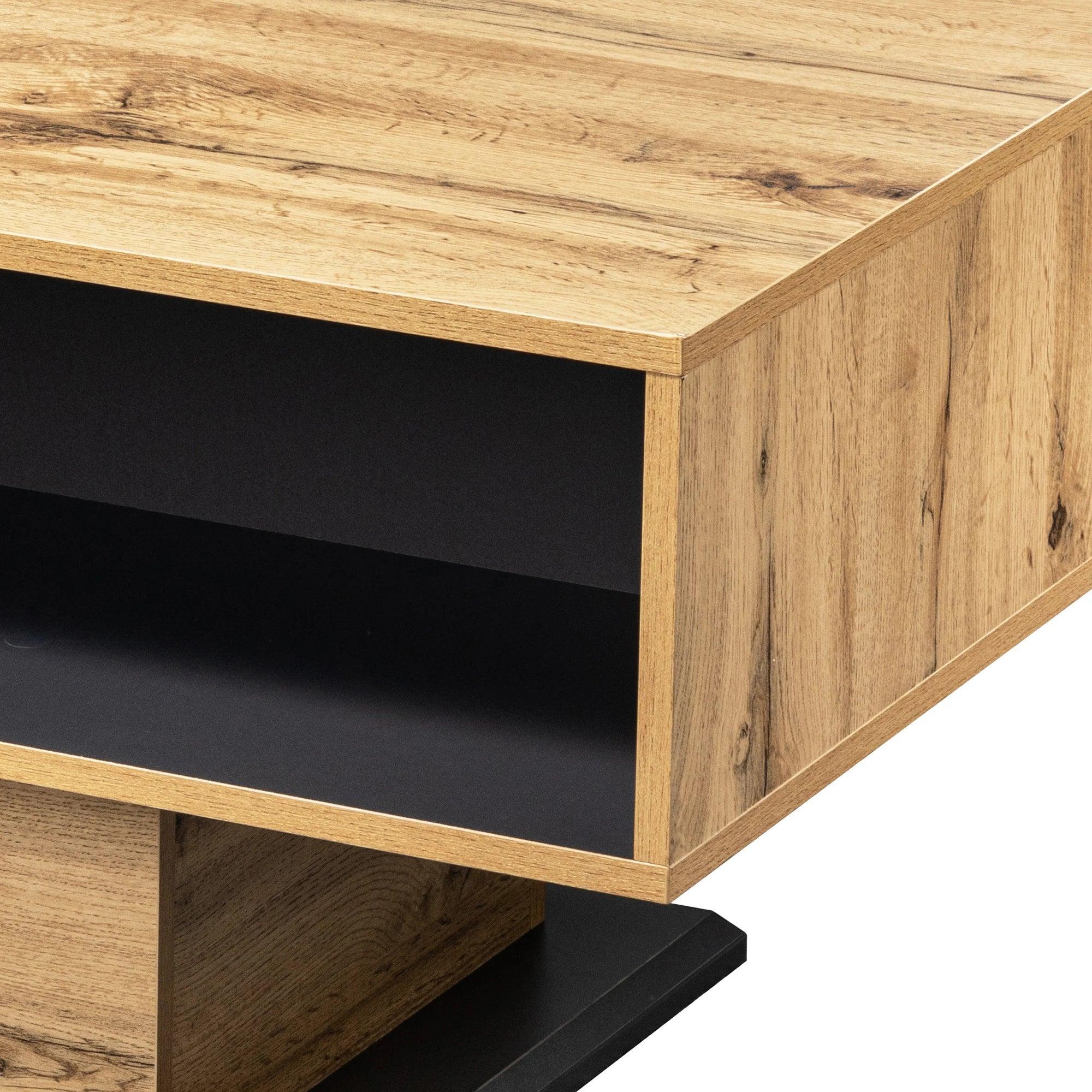 Side view of the oak-finished coffee table with melamine-coated particle board construction.