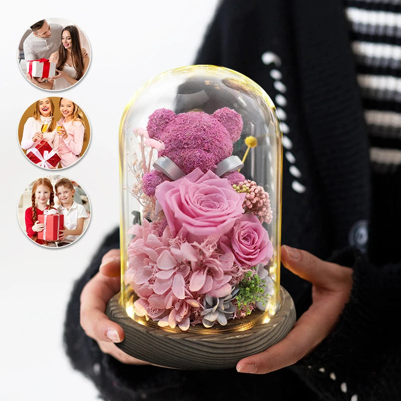 Moss bear adorned with preserved flowers, a unique gift.