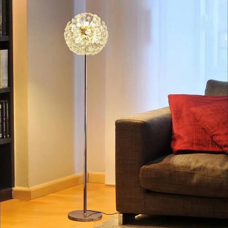 Modern crystal-plated Nordic floor lamp lighting up a dining room