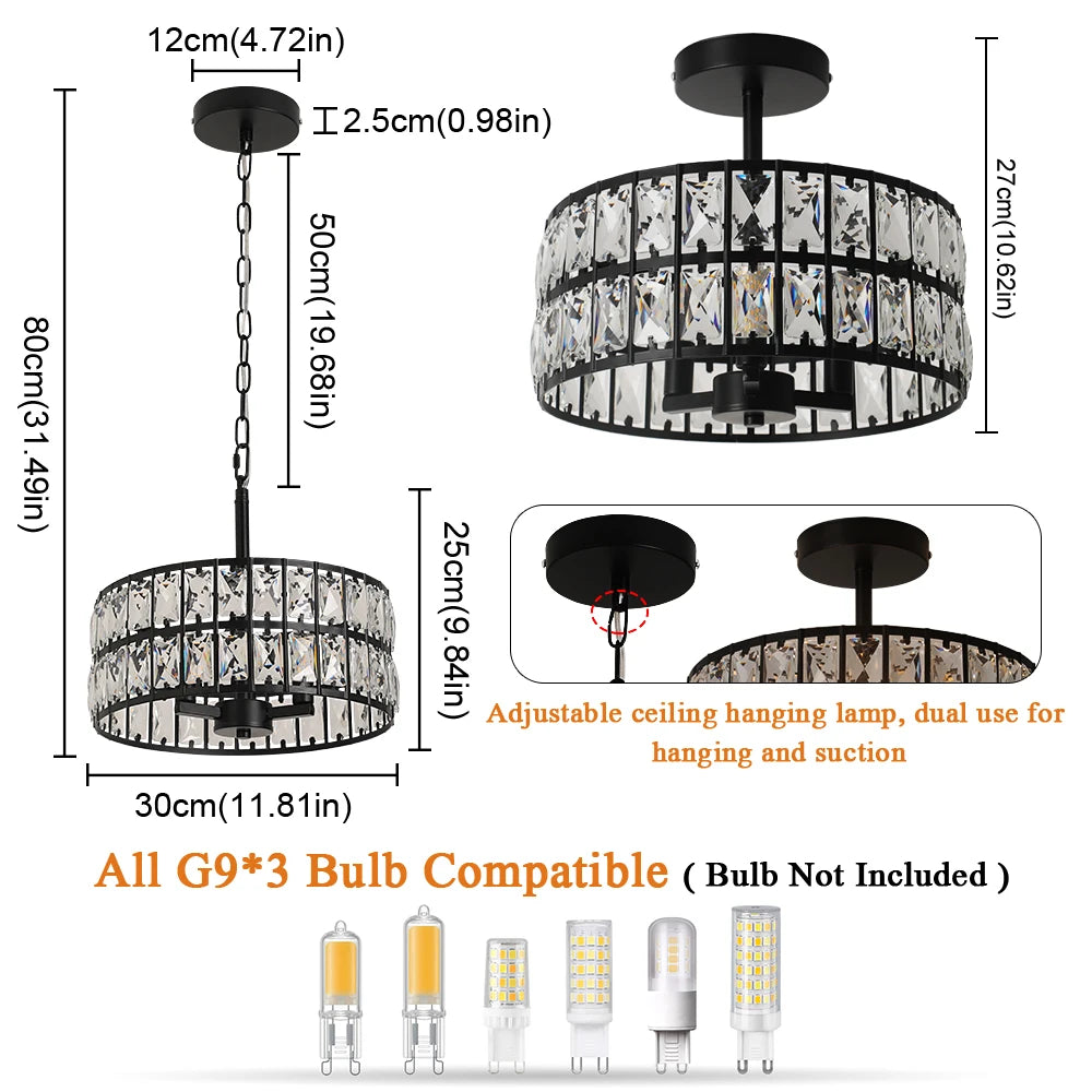 Chandelier with dimensions and bulb compatibility information on a white background