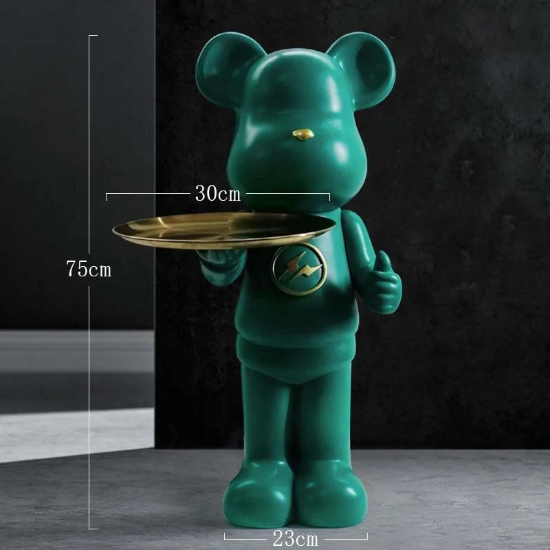 The violent bear sculpture displayed in a hallway or entryway.