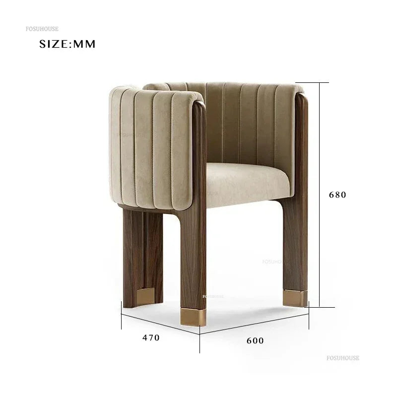 Understated luxury dining chair, solid wood frame with premium fabric upholstery.