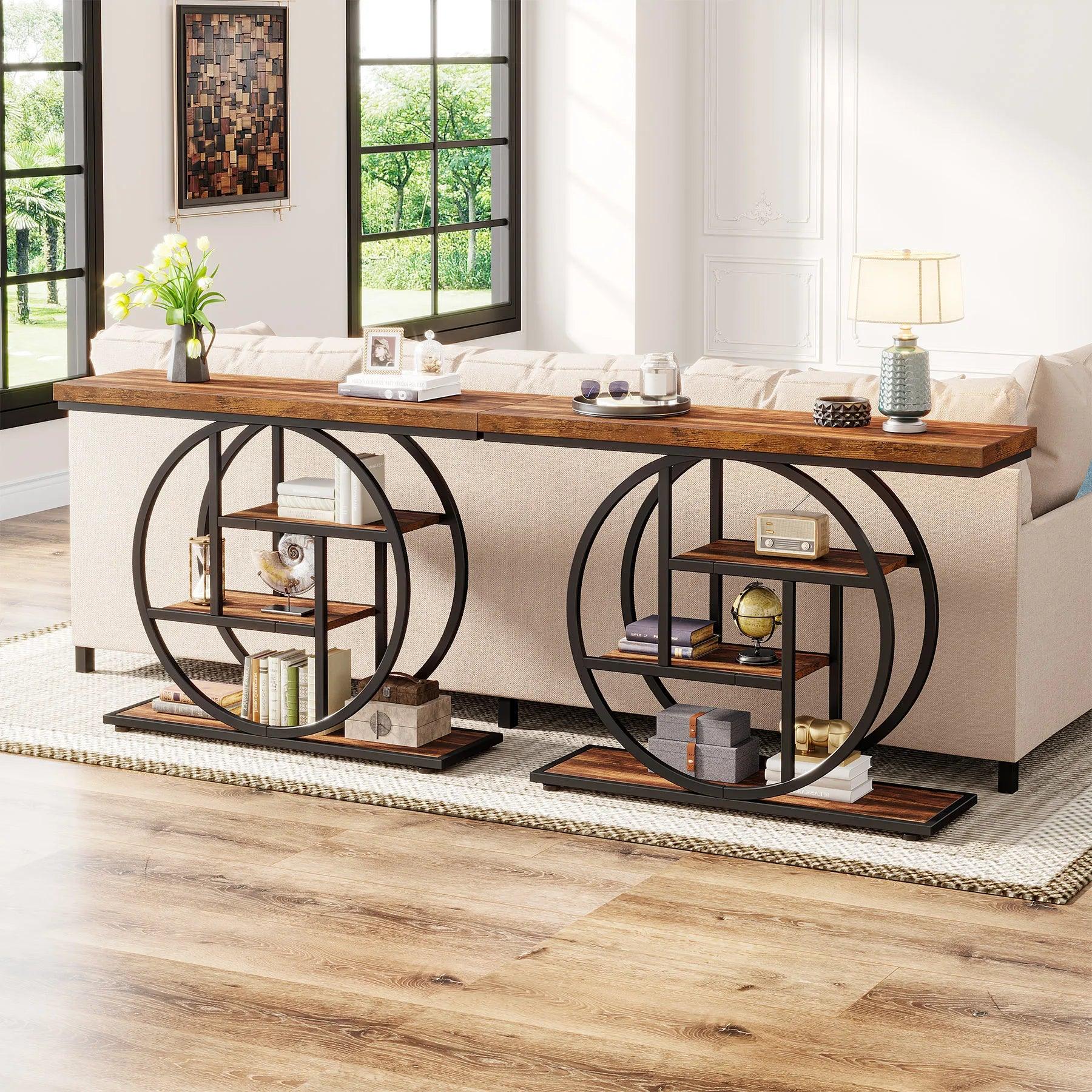 Multi-functional console table with rustic brown finish and black industrial accents, perfect for storage or display.