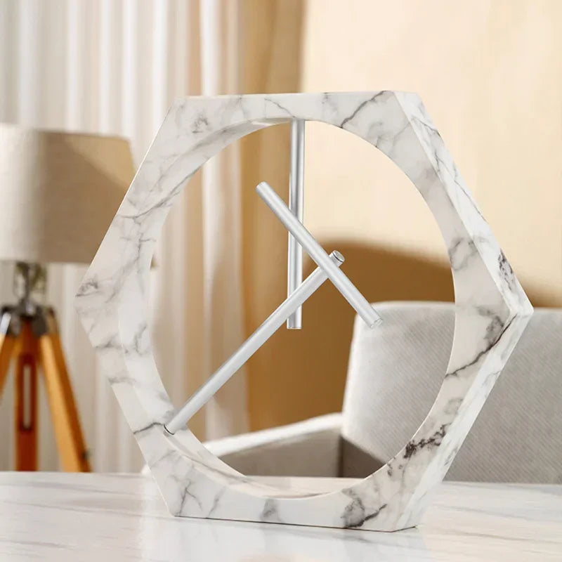 Marble-patterned decorative object on a surface with a blurred background