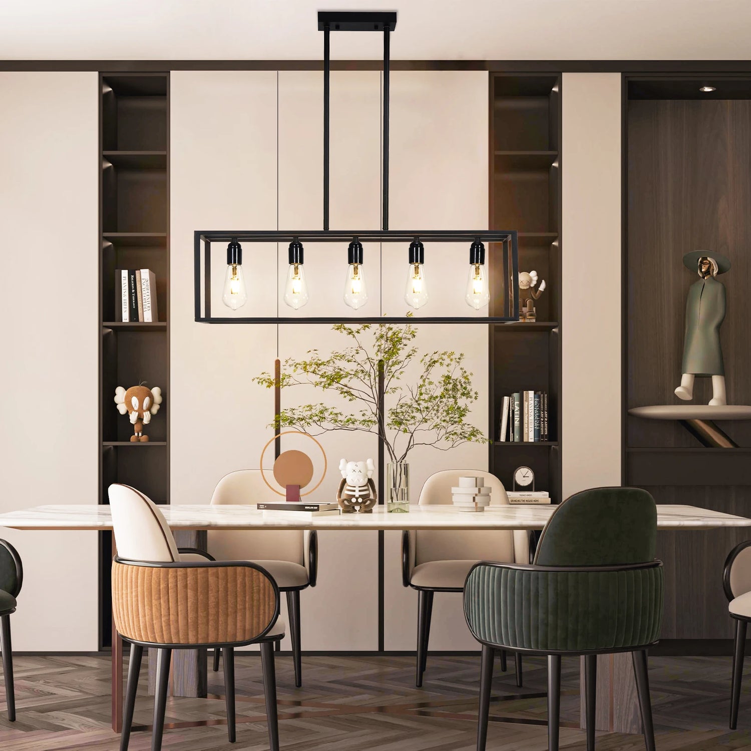 Modern dining room with a chandelier, table, and chairs.