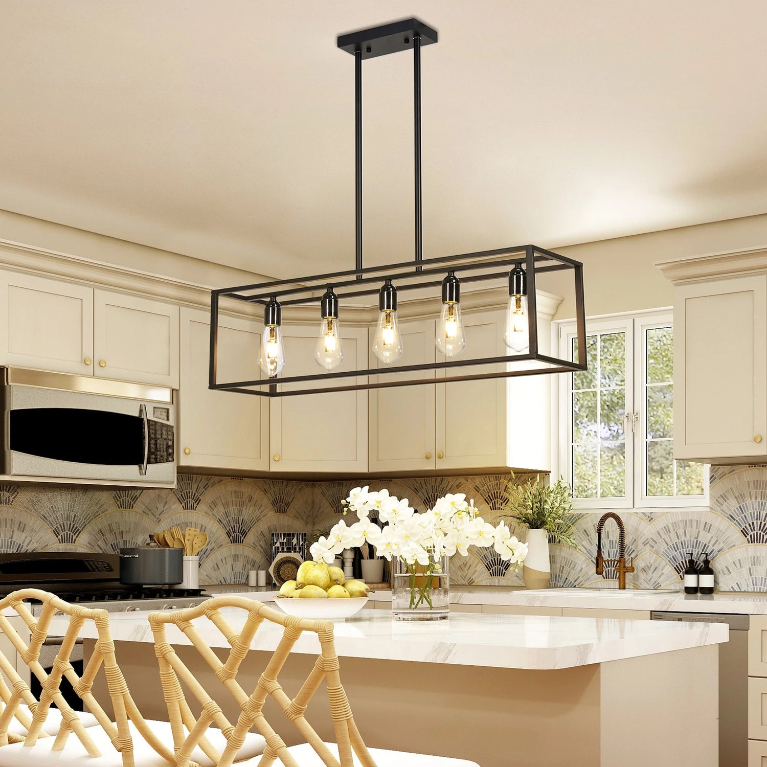 Modern kitchen with a pendant light fixture above a countertop.