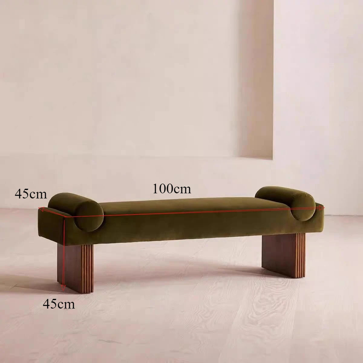 Green bench with dimensions marked on a plain background
