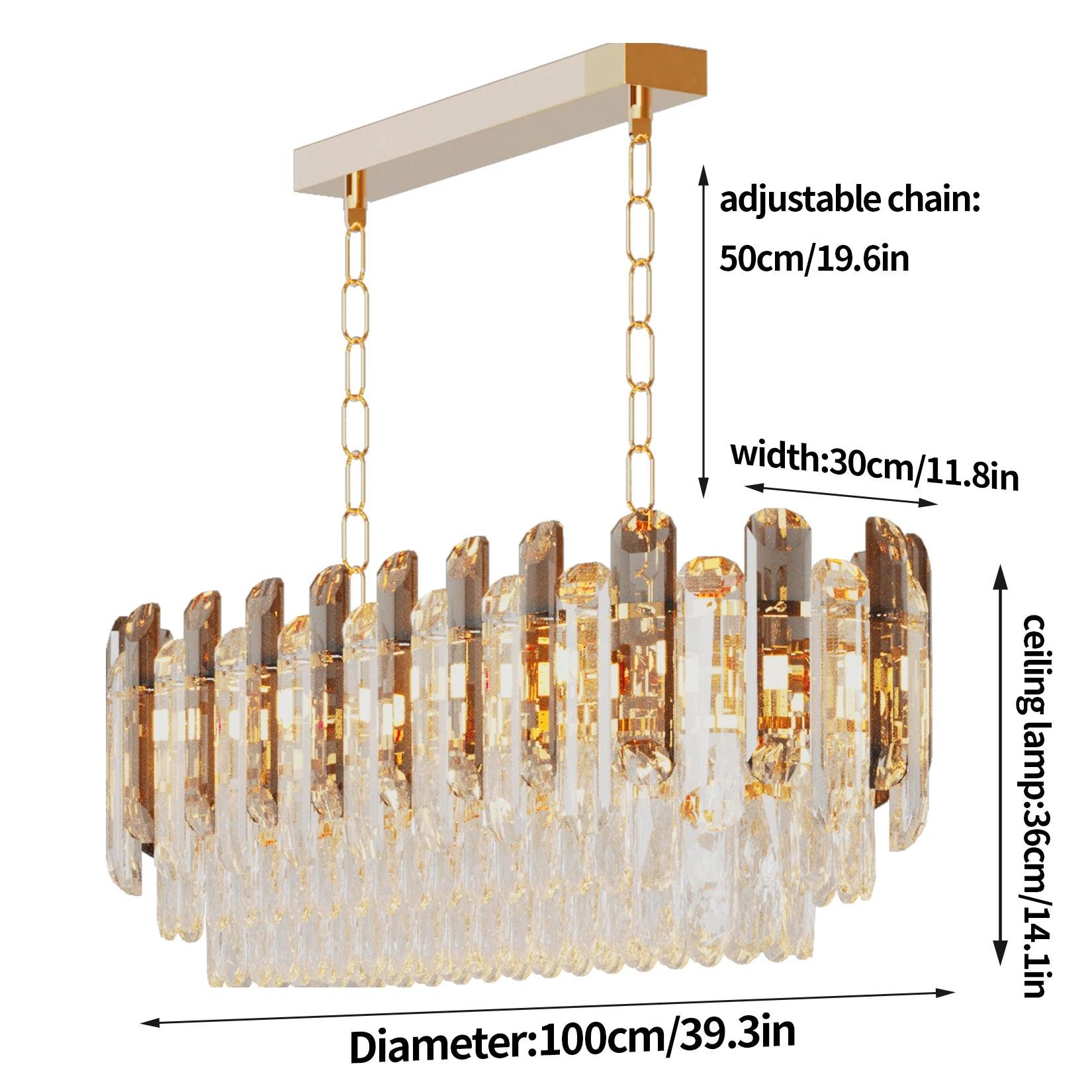 Large crystal chandelier with warm, natural, and bright white lighting options, illuminating a grand dining space.