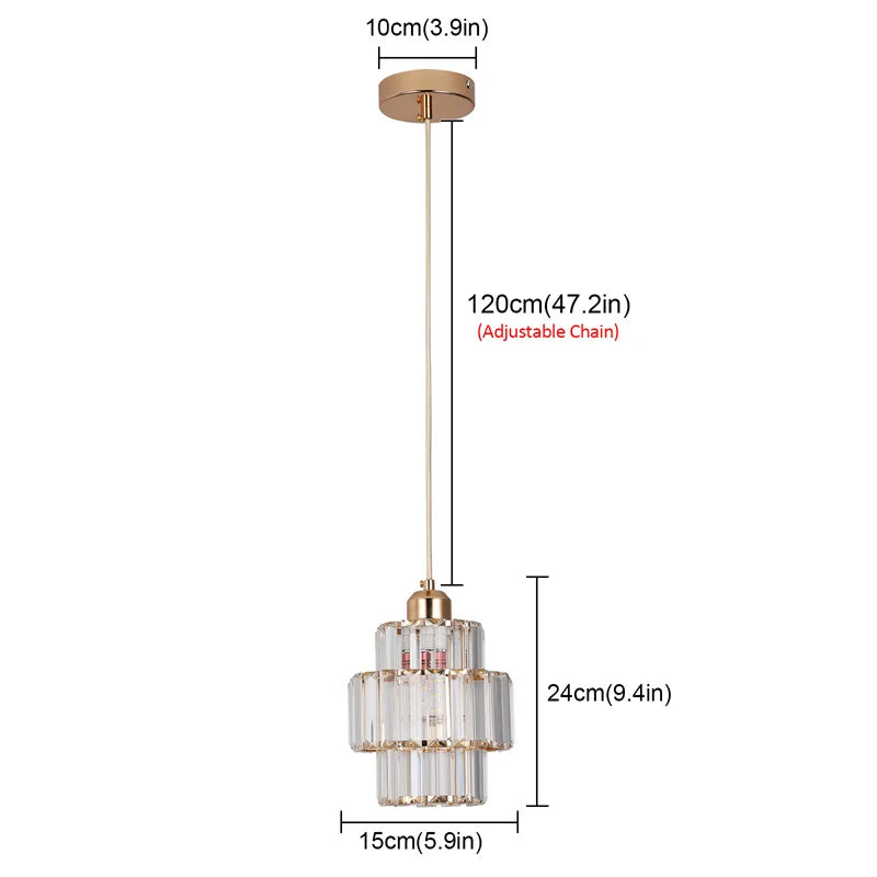 Gold pendant light with measurements on a white background