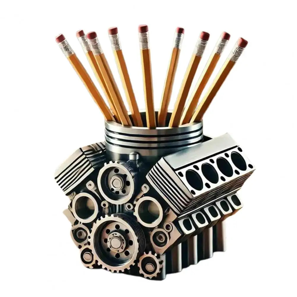 Pencil holder designed like a mechanical engine with pencils inside on a white background