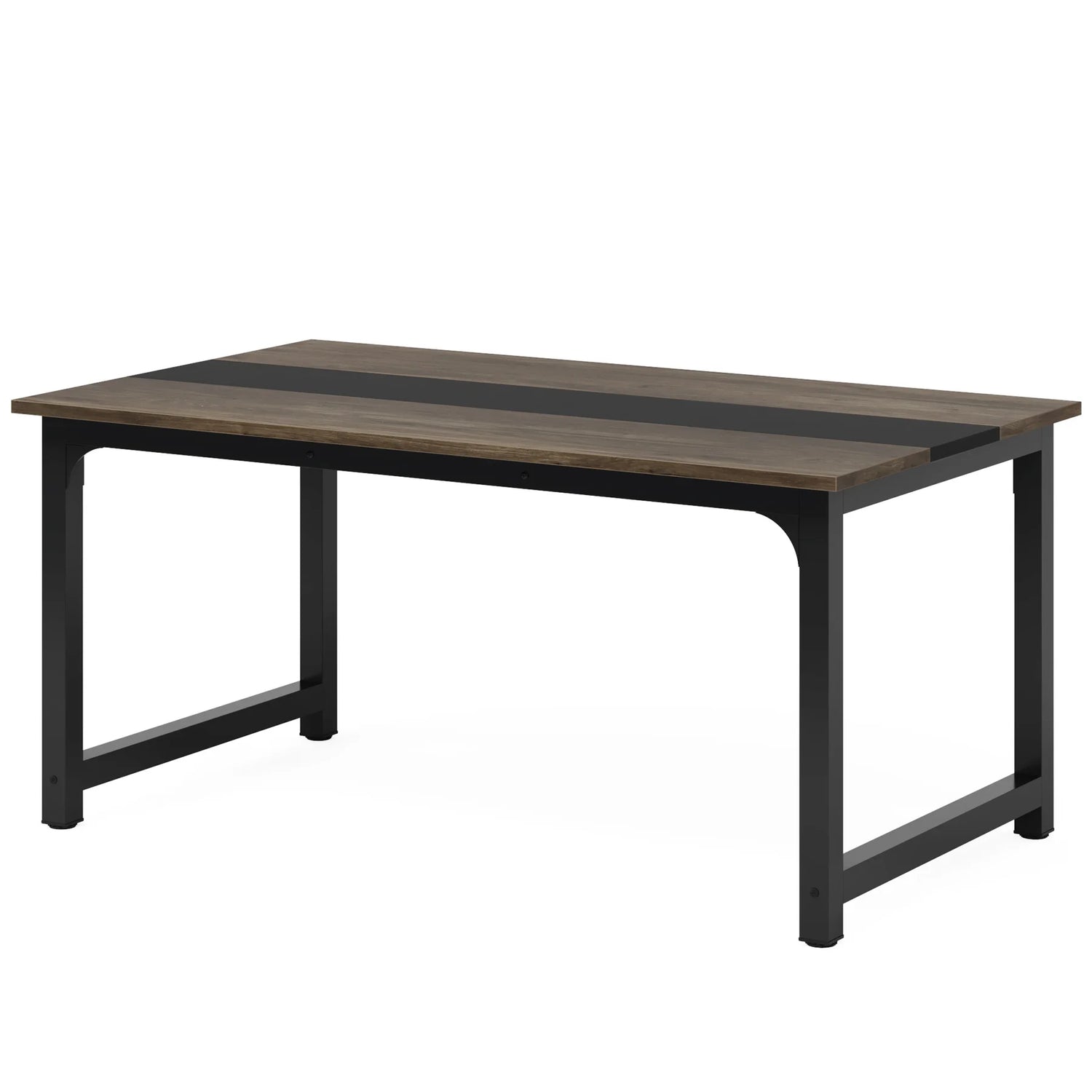 Modern executive desk with books, laptop, and office supplies.