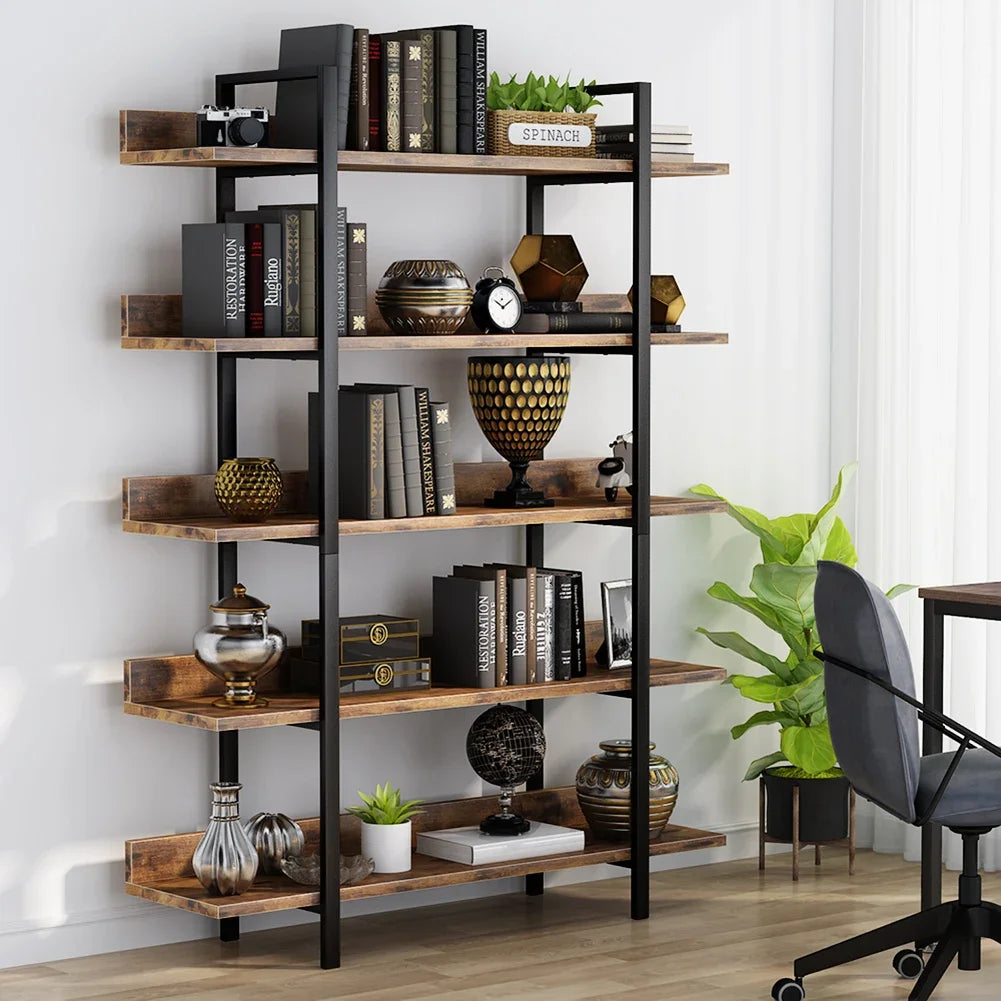 "Vintage metal and wood bookcase with back baffles for secure storage"