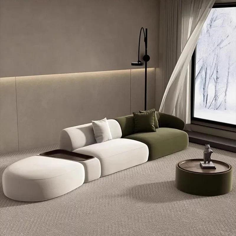 Flannel upholstered arc corner sofa for minimalist living rooms.