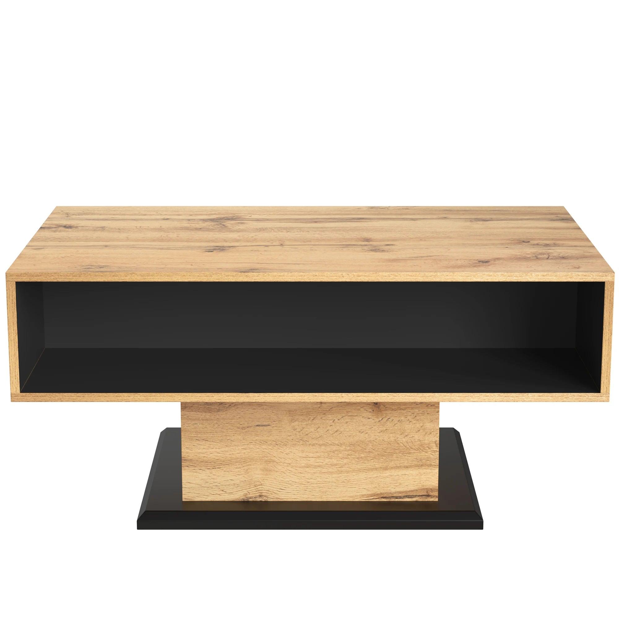 Wood grain coffee table with handle-free drawer, dual storage compartments, and oak wood grain finish
