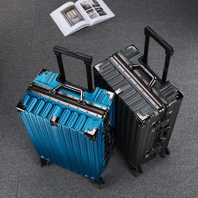 Rose gold TSA lock luggage with a sturdy aluminum frame, available in 24-inch size.