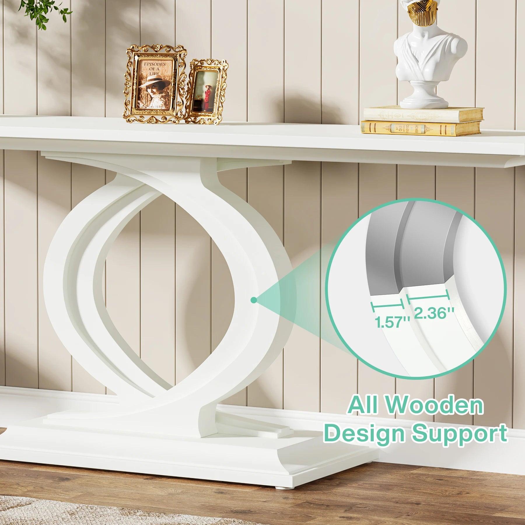 Long, narrow console table with rustic white finish, ideal for organizing and displaying decor