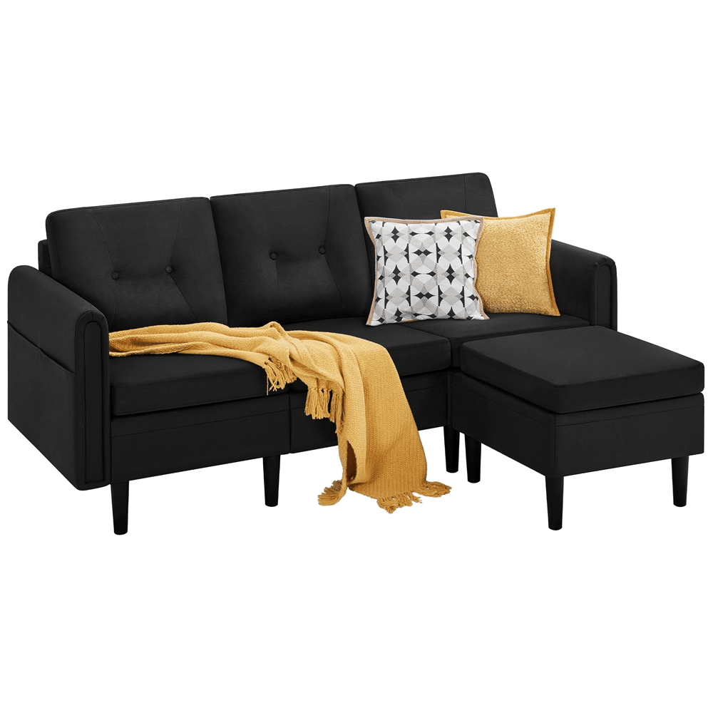 Mixed color durable polyester upholstered sofa with cushions.