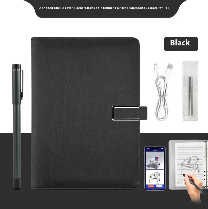 Black writing device with accessories on a white background