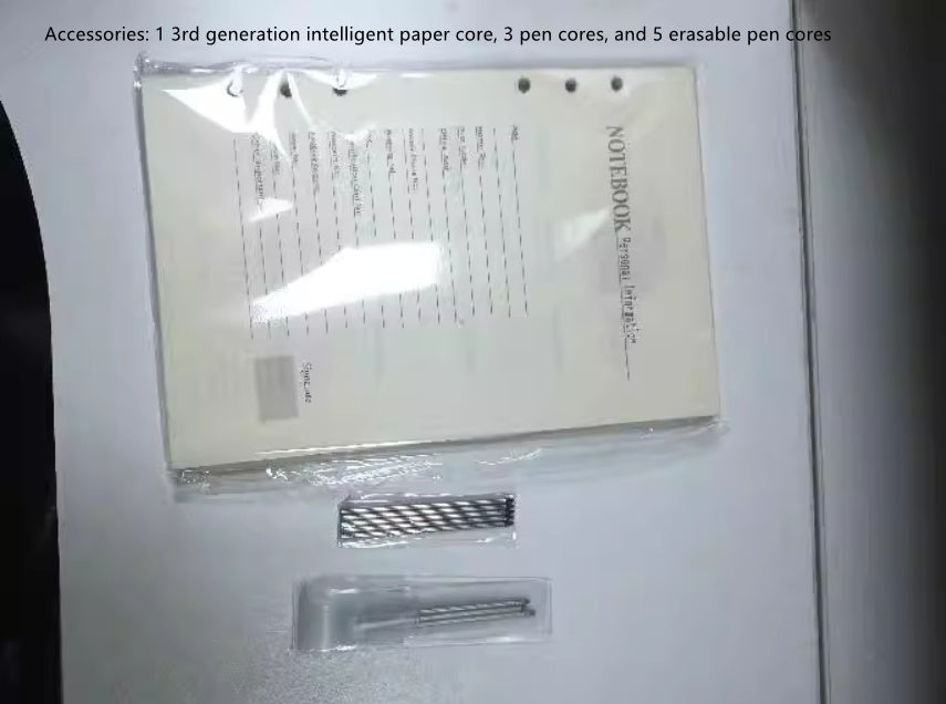 Packaging of accessories including a 3rd generation intelligent paper core, 3 pen cores, and 5 erasable pen cores on a white background.