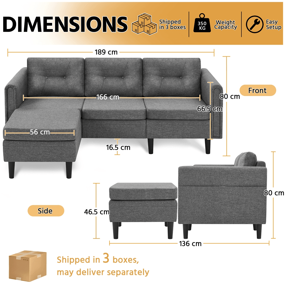 Comfortable cushion-back L-shaped sofa with ottoman.