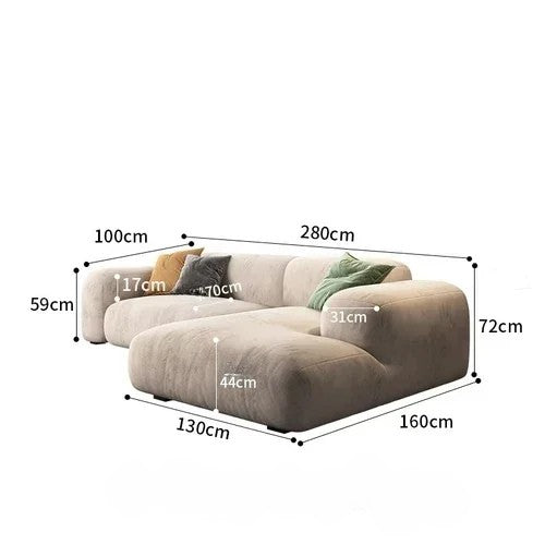 Beige sectional sofa with dimensions labeled on a white background