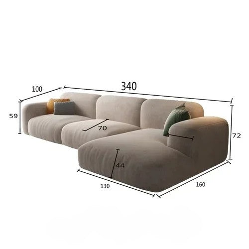 Beige sectional sofa with dimensions labeled on a white background