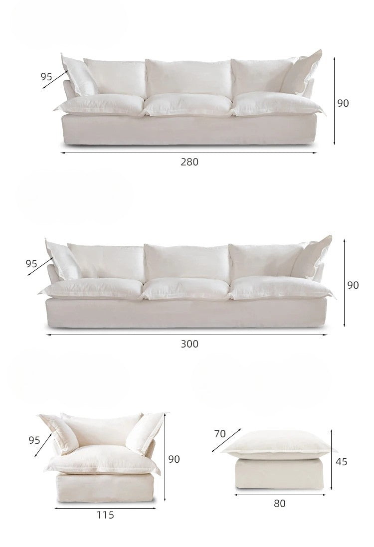 Dimensions of a beige sofa, armchair, and ottoman on a white background