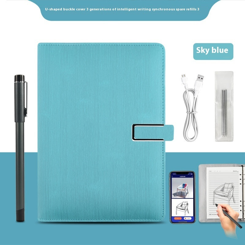 Blue writing device with pen, cable, and smartphone app on a blue background