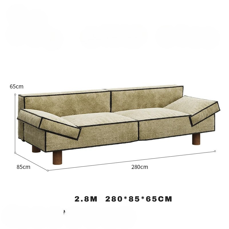 Beige sofa with dimensions labeled on a white background