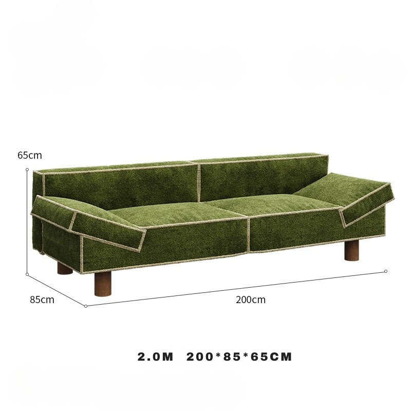 Green sofa with dimensions labeled on a white background