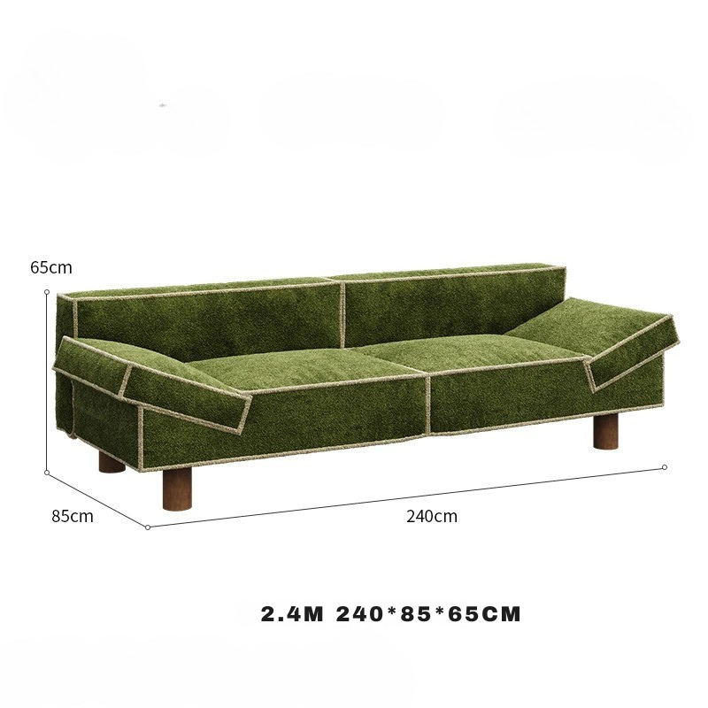 Green sofa with dimensions labeled on a white background