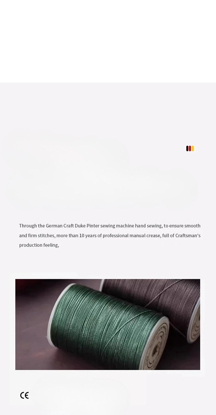 Close-up of green spool of thread on a wooden surface with text about German Craft Duke Pfeifer sewing machine hand sewing.