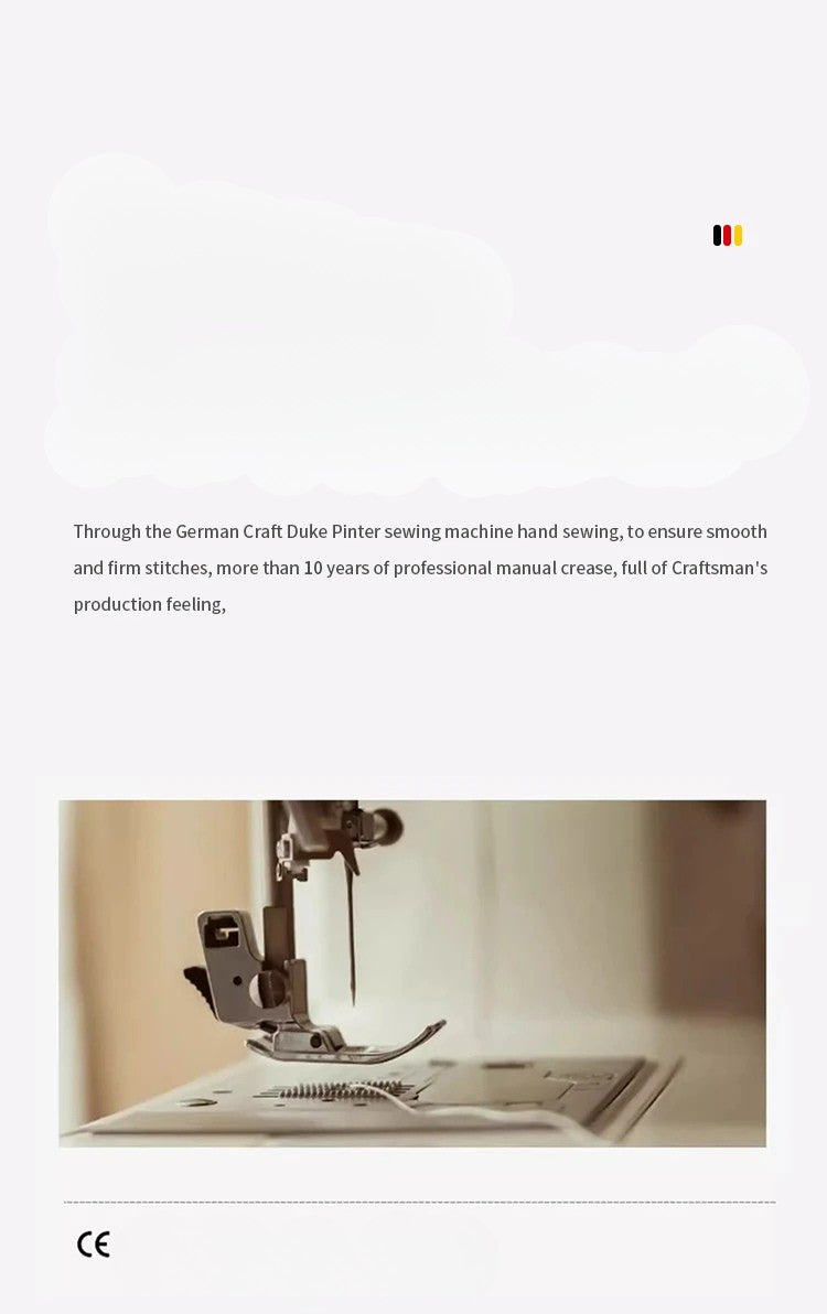 Sewing machine with text about German Craft Duke Pinter machine and production details.