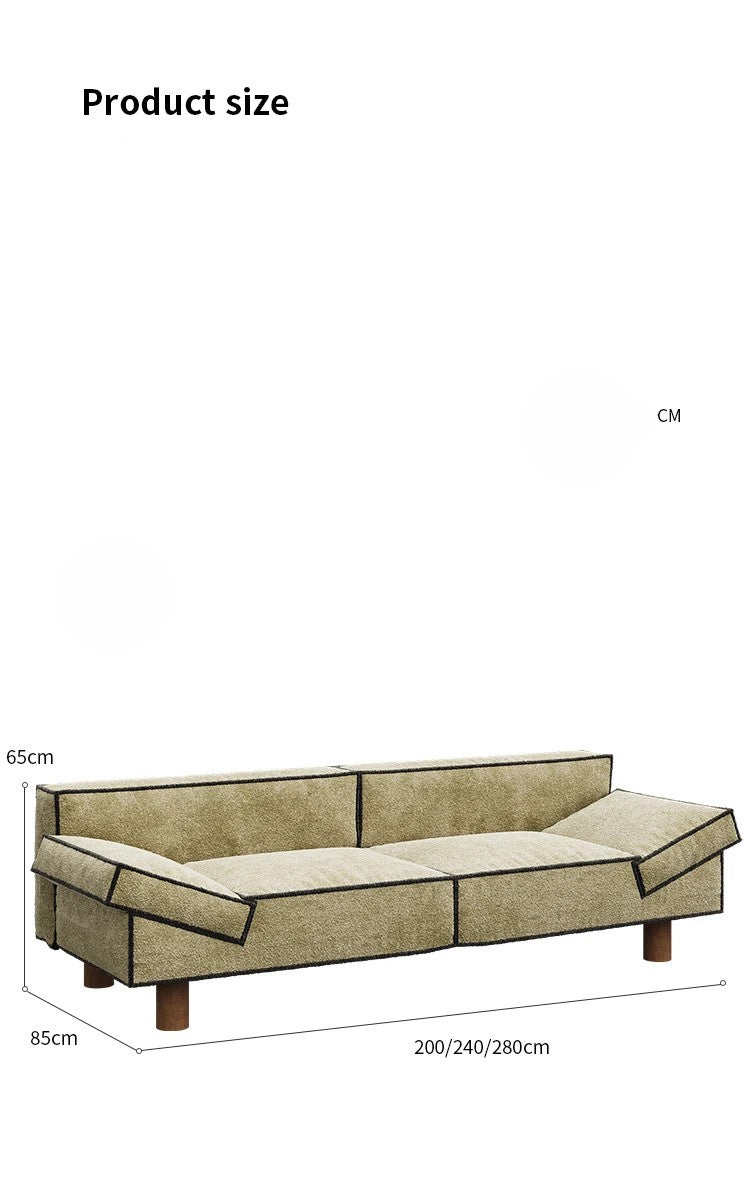 Beige sofa with dimensions labeled on a white background