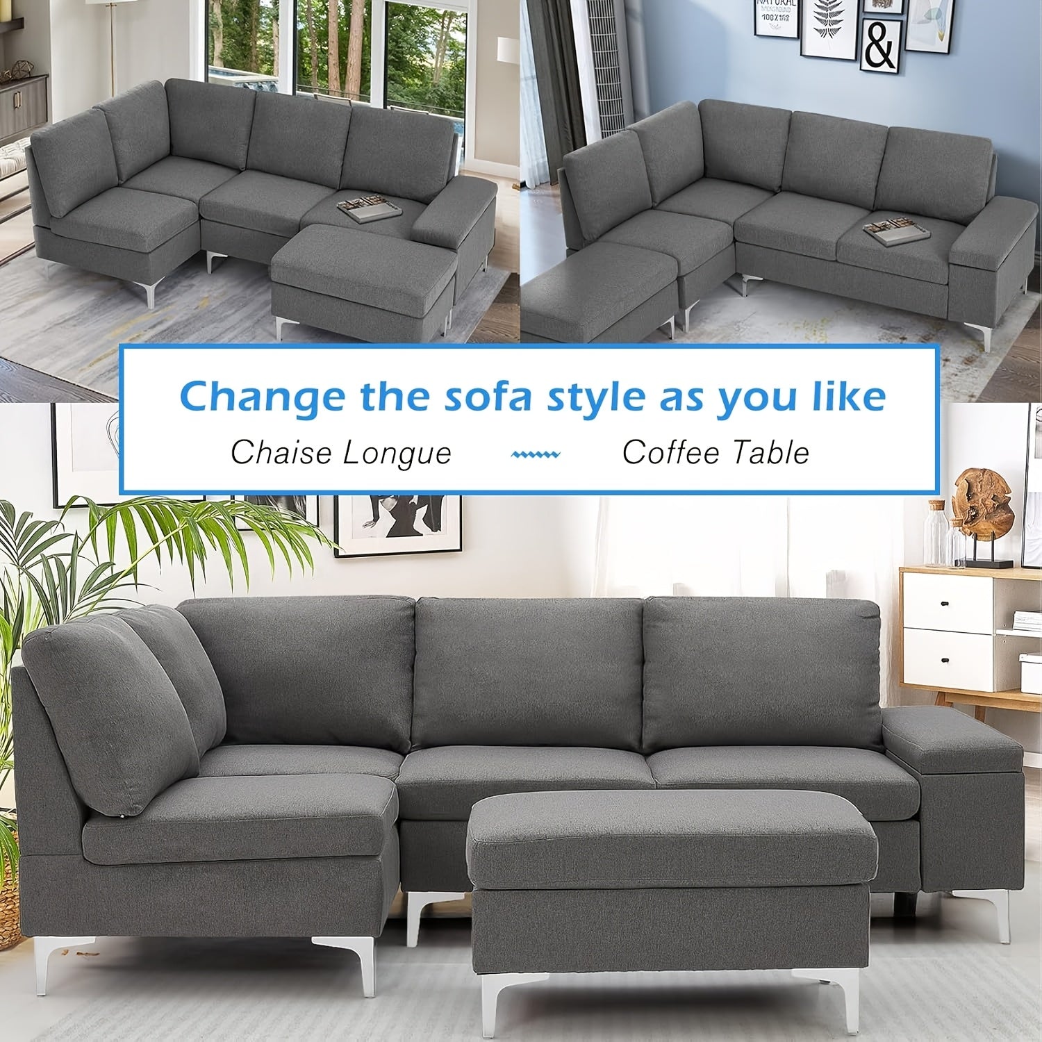 "Durable 4-seater grey sofa with solid wooden frame and hidden storage."