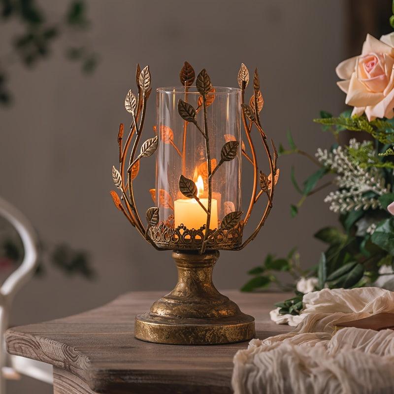 Decorative tabletop cast iron candle holder with carved details.
